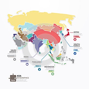 Asia Infographic Map Template jigsaw concept banner. vector . photo