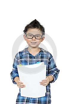 Asia kid waring glasses ready for a classroom on white background, Back to school