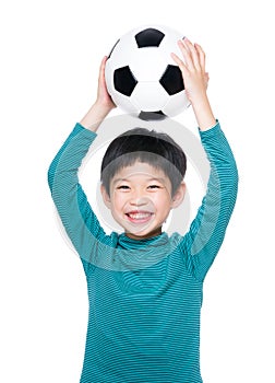 Asia little boy holding up with soccer ball