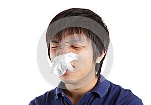 Asia man suffer from nose stuffy