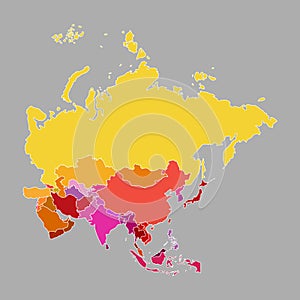 Asia map of multi-color with countries and capital cities on gray background. Vector illustration