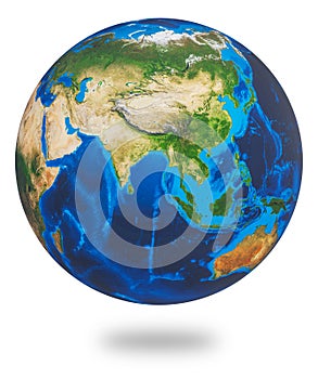 Asia, one of the Earths continent. Earth isolated on white background. Earth planet globe. 3d rendering.