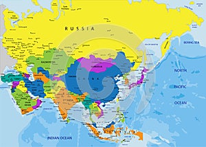 Colorful Asia political map with clearly labeled, separated layers.