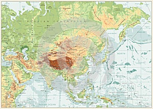 Asia Physical Map with Rivers, Lakes and Elevations