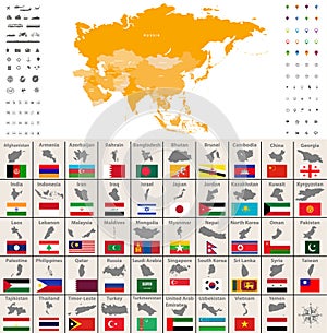 Asia political map. Location, navigation and travel icons. Asian countries maps and flags vector set