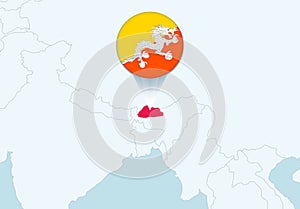 Asia with selected Bhutan map and Bhutan flag icon