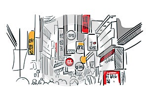 Asia Seul street sketch vector city illustration