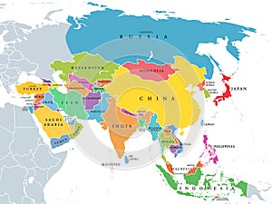 Continent Asia, political map with colored single states and countries