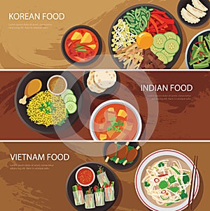 asia street food web banner , korean food , indian food , vietnam food flat design