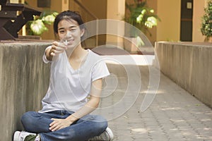 Asia thai china student university beautiful girl relax and smile