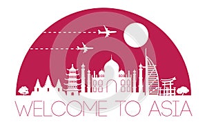 Asia top famous landmark silhouette and dome with pink color sty