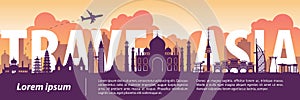 Asia top famous landmark silhouette style,text within,travel and