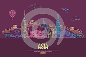 Asia travel background with place for text. Isolated Asian outlined sightseeings and symbols. Skyline detailed