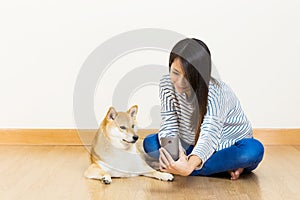 Asia woman and dog selfie