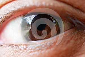 Asia woman eye macro, the vision of the future and healthy life concept. view precise and straight to the target concept