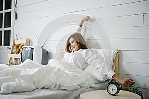 Morning Wake Up. Woman Waking Stretching In Bed. Healthy Lifestyle.