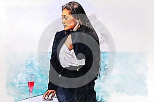 Asia woman traveling for relaxation and drinking wine on speed boat at Thailand on watercolor illustration painting background.