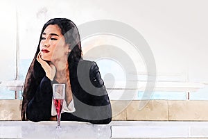 Asia woman traveling for relaxation and drinking wine on speed boat at Thailand on watercolor illustration painting background.