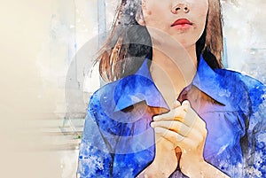 Asia women portrait are praying and blessing on walking street on watercolor illustration painting background.