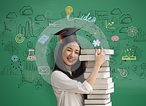 Asia women student holding book with with graduation hat on math