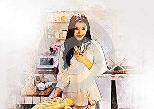 Asia young woman smile portrait and cooking food in home on watercolor illustration painting background.