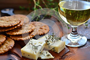 Asiago cheese, Herb-infused crackers and a Pinot Grigio