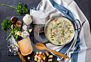 Asiago Roasted Garlic Cauliflower Soup, top view