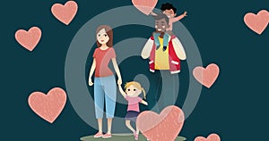 Asian adoptee/daughter holding hands with diverse couple, surrounded by hearts