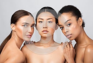 Asian, African And Caucasian Models Girls Posing Shirtless, Studio Shot