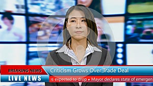 Asian American anchorwoman with lower thirds