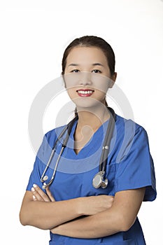 Asian American doctor or nurse posing isolated on white background