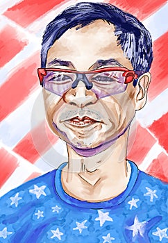 Asian American dressed in a blue t shirt with white stars at red stripes background