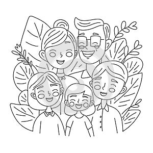 Asian American family portrait - mother, father and three kids. Cute smiling people, characters for AAPI month. Simple