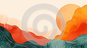 Asian American Heritage Month background. Oriental template design with empty copy space.. Abstract backdrop with sun and waves photo