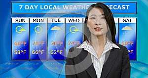 Asian American meteorologist reporting weather