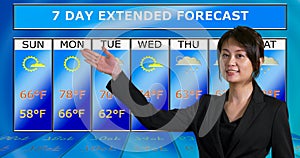 Asian American meteorologist reporting weather