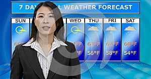 Asian American meteorologist reporting weather