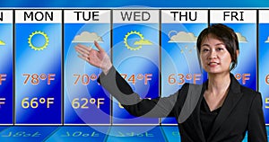 Asian American meteorologist reporting weather