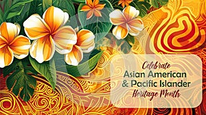 Asian American, Pacific Islander Heritage month abstract banner with tropical flowers. Greeting card, AAPI print