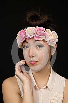 Asian American teen girl protrait with pink flowers