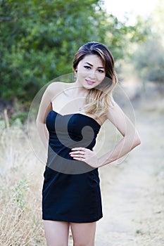 Asian American Woman Black Dress Outdoors Skinny