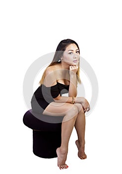 Asian American Woman Little Black Dress Sitting