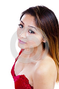 Asian American Woman Red Top Showing Cleavage