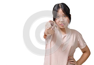 Asian angry enraged girl wearing T-shirt, pointing at you isolated on white background