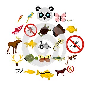 Asian animals icons set, flat style