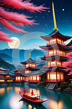 An asian architechture at night scene with mountain view, full moon, a boat passing by, dreamy chinese old town, ancient castle