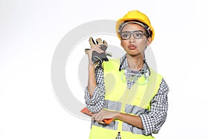 Asian Architect Engineer woman in yellow hard hat, safety vast