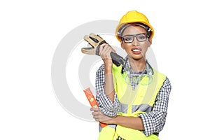 Asian Architect Engineer woman in yellow hard hat, safety vast