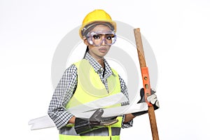 Asian Architect Engineer woman in yellow hard hat, safety vast