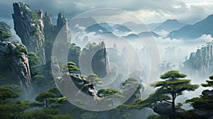 Asian Art Landscape: Unreal Engine 5 Inspired Mountainous Vistas